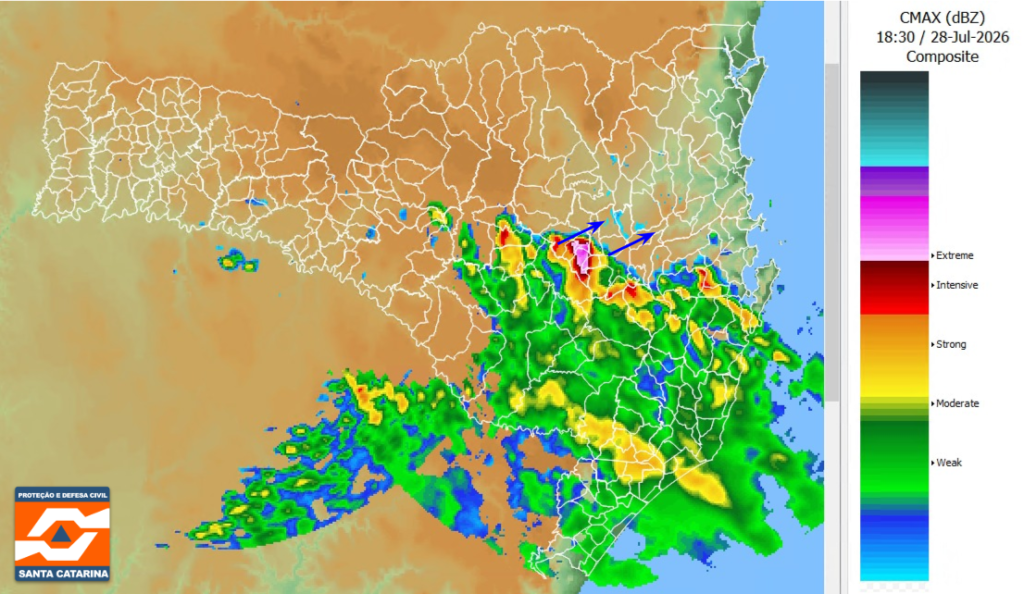 NOTA METEOROLÓGICA SDC/SC 28/07 - Temporais provocaram rajadas de vento e queda de granizo em SC na tarde desta terça-feira (28)